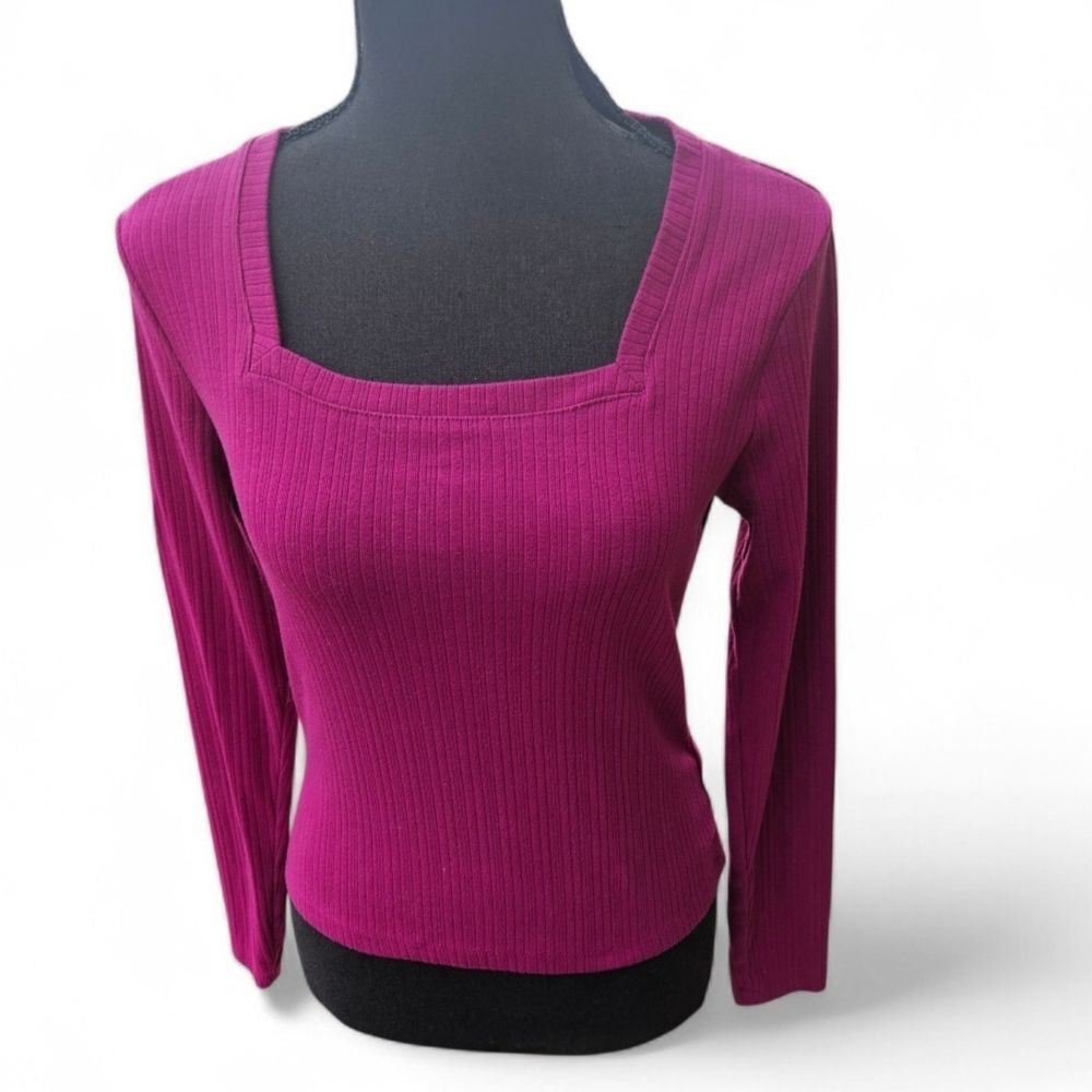 Old Navy Ribbed Square-Neck Long Sleeve Top - Hot Pink Size Medium